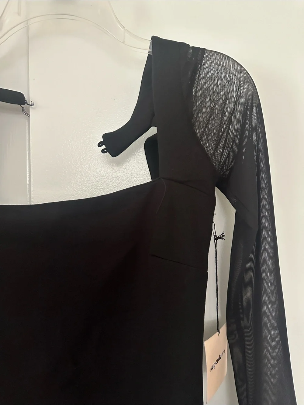 NWT Superdown Black Square-Neck Mini Dress with Sheer Long Sleeves